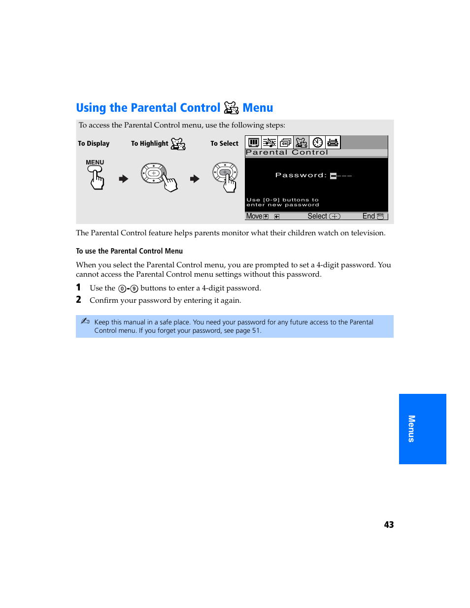 Using the parental control menu | Sony KV-32FS320 User Manual | Page 50 / 70