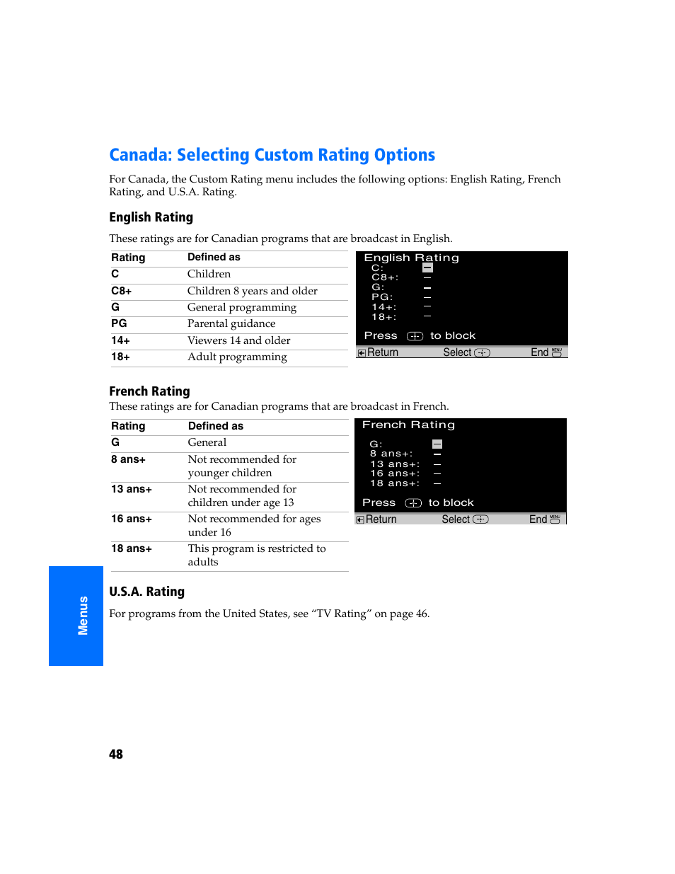 Canada: selecting custom rating options | Sony KV-32FS320 User Manual | Page 55 / 70