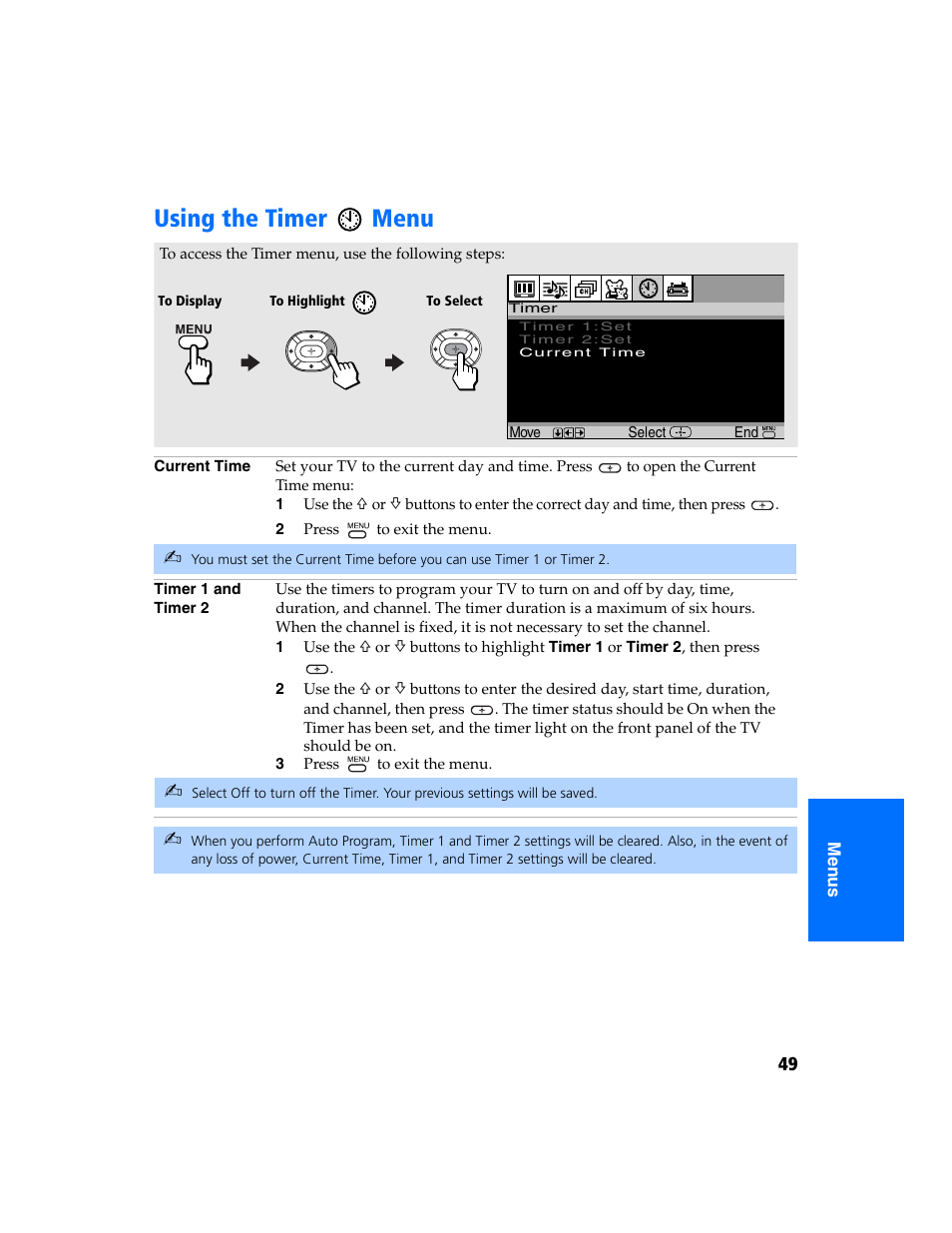 Using the timer menu | Sony KV-32FS320 User Manual | Page 56 / 70