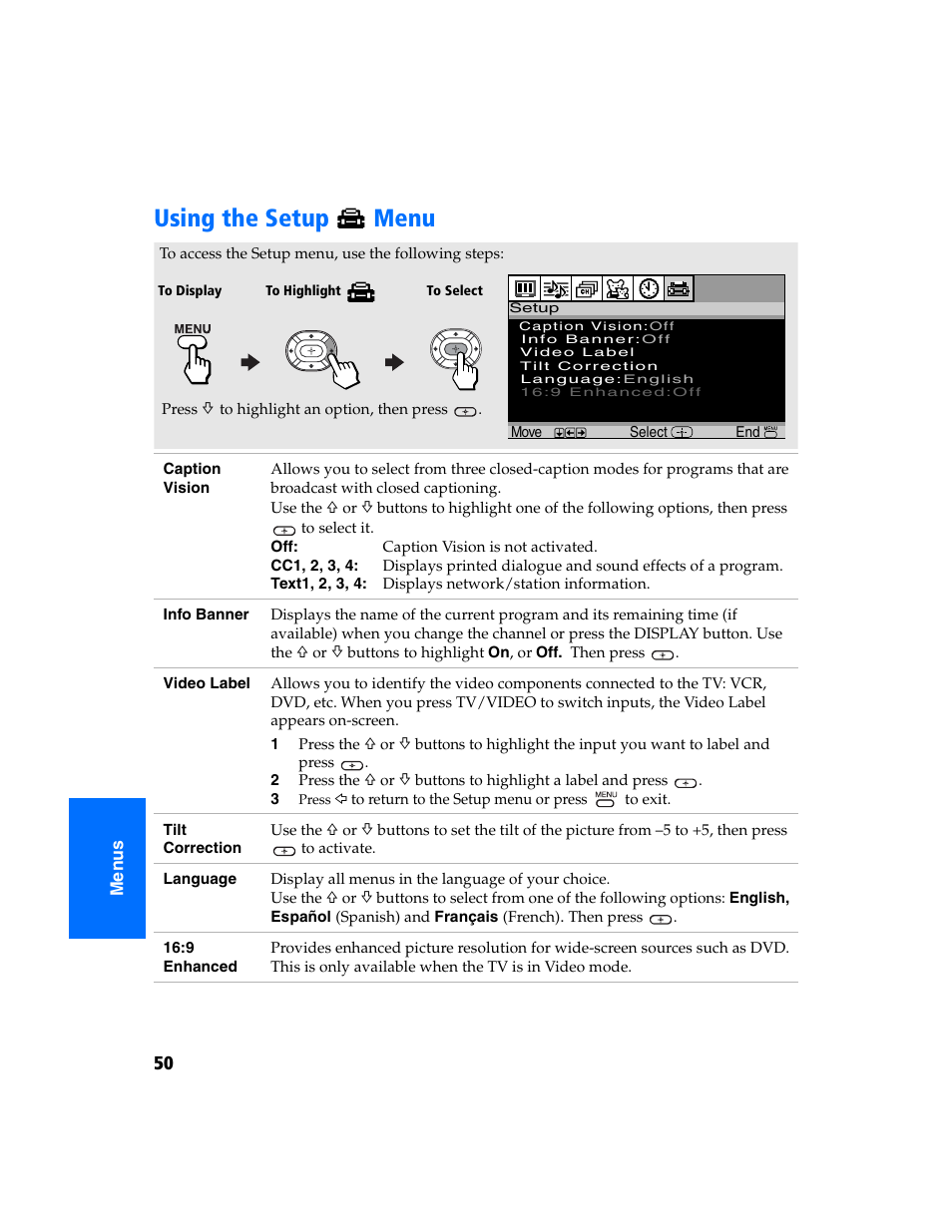Using the setup menu | Sony KV-32FS320 User Manual | Page 57 / 70