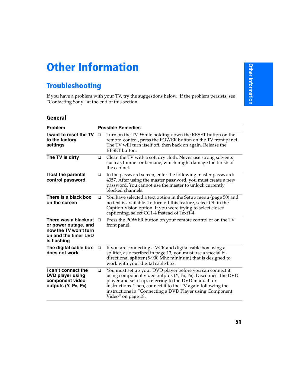 Other information, Troubleshooting | Sony KV-32FS320 User Manual | Page 58 / 70