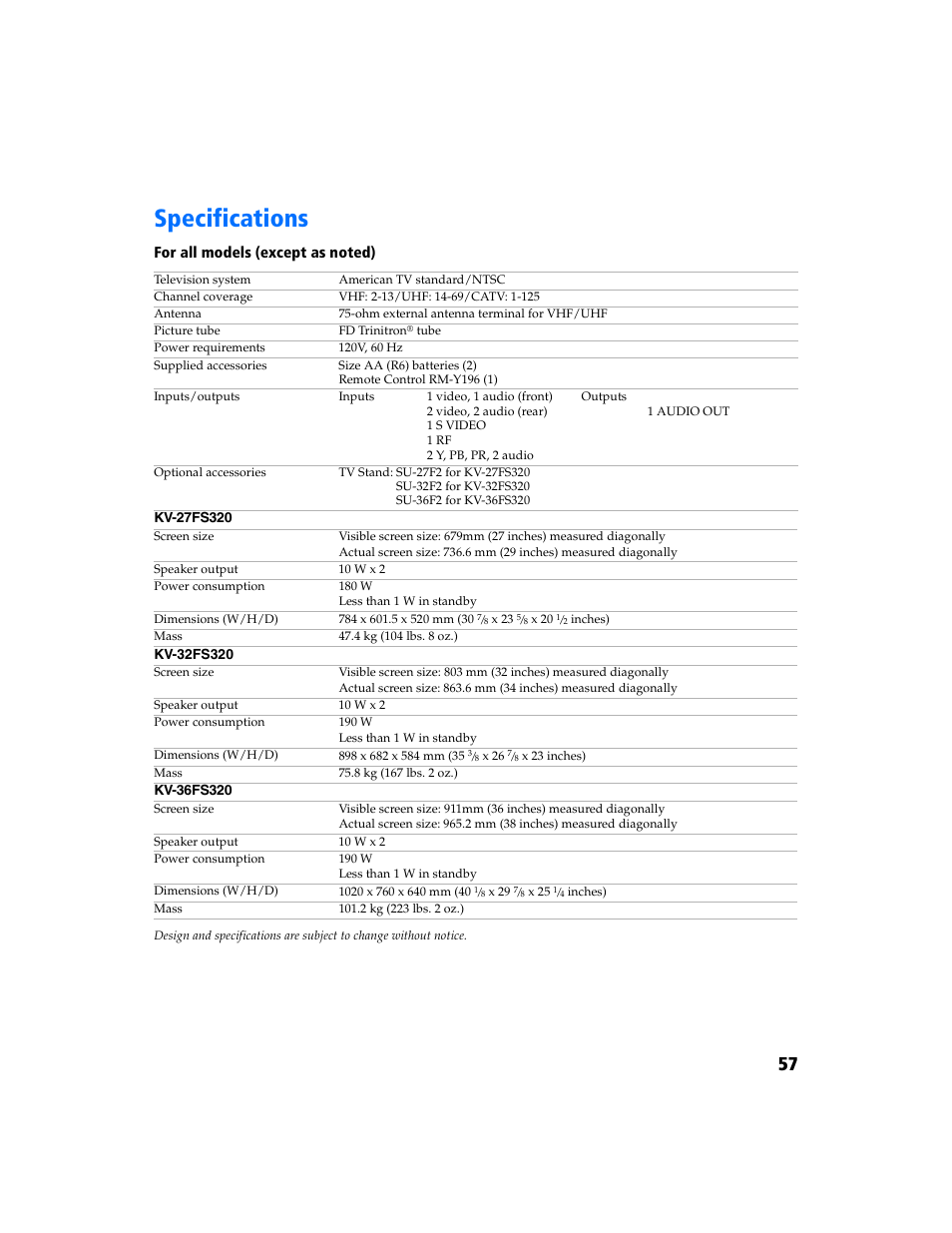 Specifications | Sony KV-32FS320 User Manual | Page 64 / 70