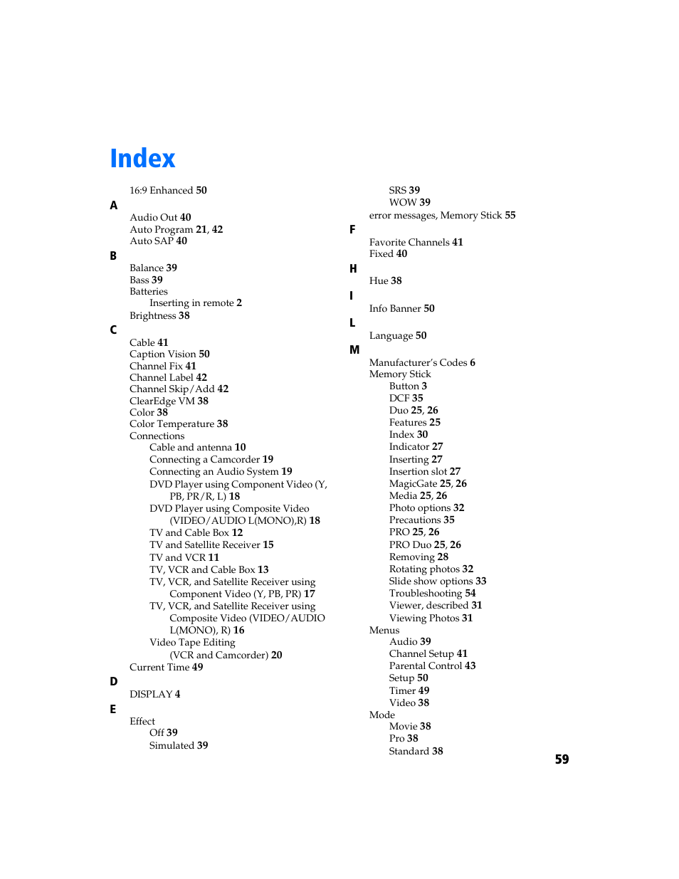 Index | Sony KV-32FS320 User Manual | Page 66 / 70