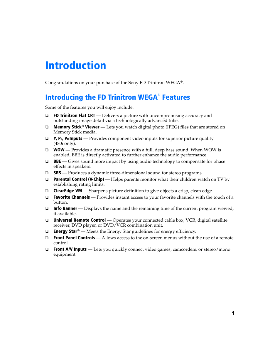 Introduction, Introducing the fd trinitron wega features | Sony KV-32FS320 User Manual | Page 8 / 70