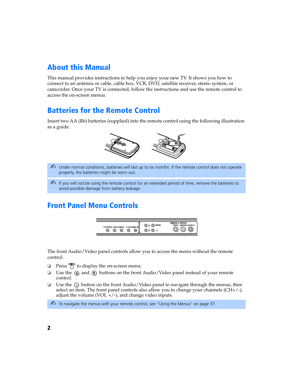 About this manual, Batteries for the remote control, Front panel menu controls | Sony KV-32FS320 User Manual | Page 9 / 70