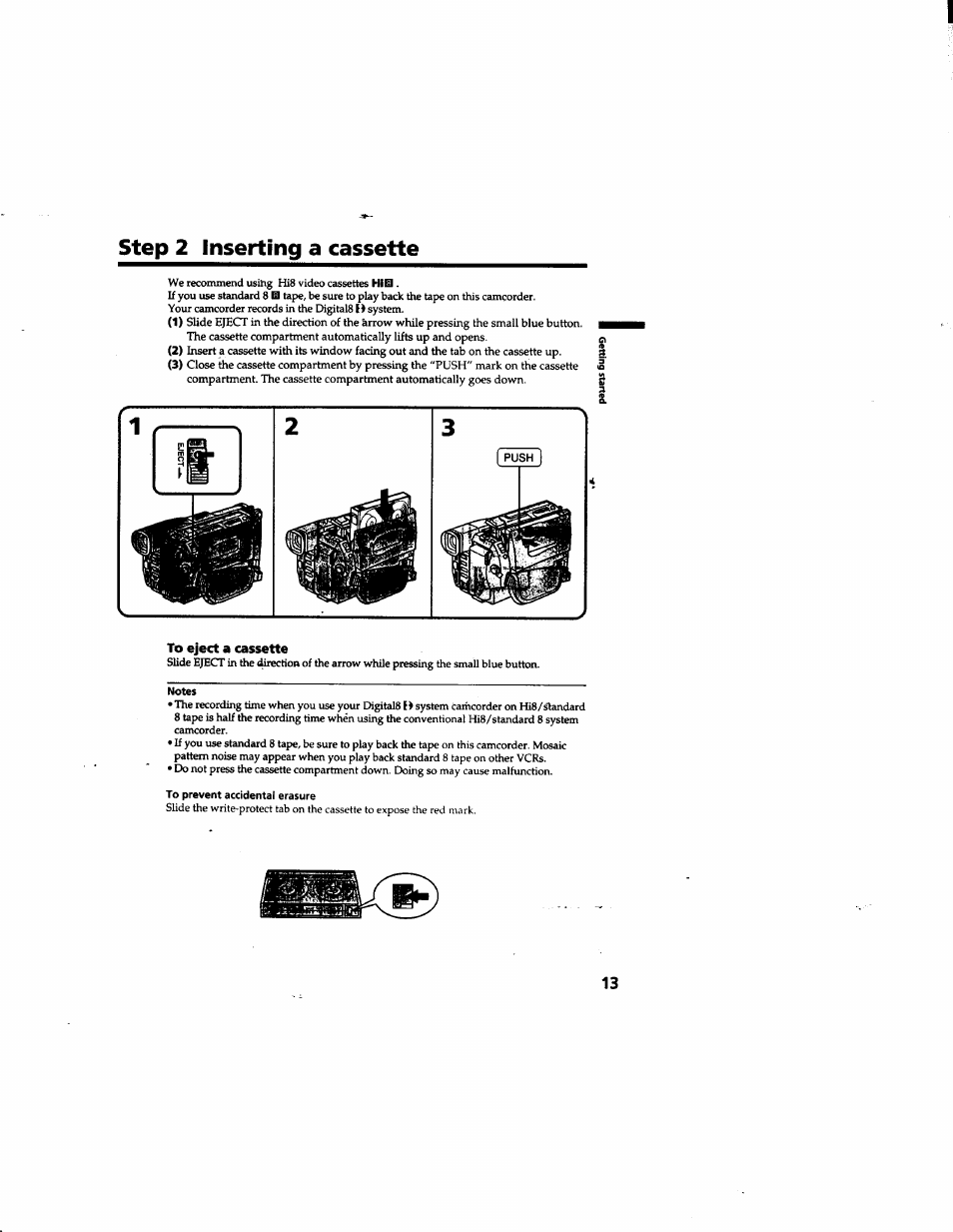 Step 2 inserting a cassette, To eject a cassette, Notes | To prevent accidental erasure | Sony DCR-TRV315 User Manual | Page 13 / 84