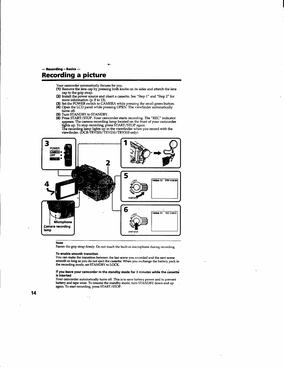 Racording - basics, Recording a picture, Note | To enable smooth transition | Sony DCR-TRV315 User Manual | Page 14 / 84
