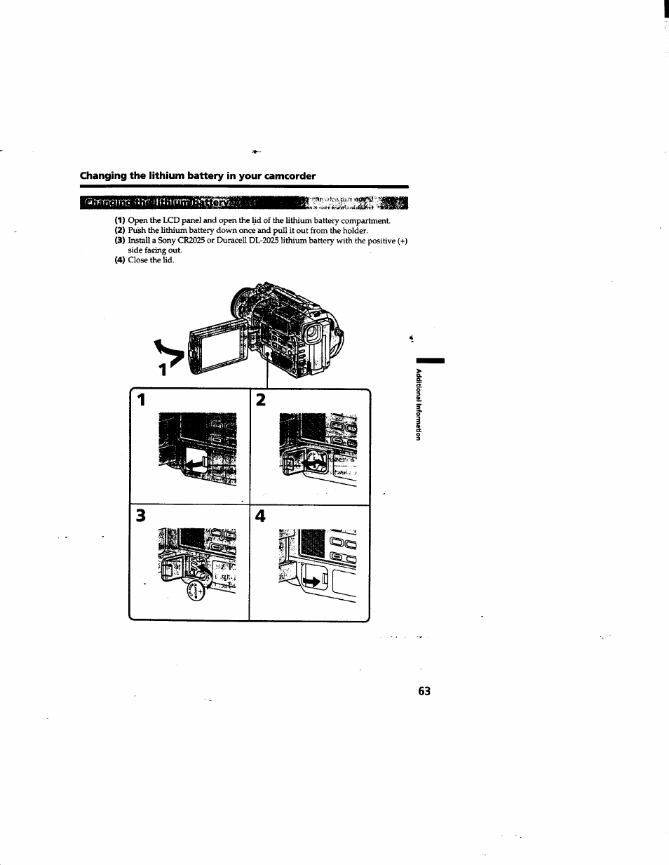 Changing the lithium battery in your camcorder | Sony DCR-TRV315 User Manual | Page 63 / 84