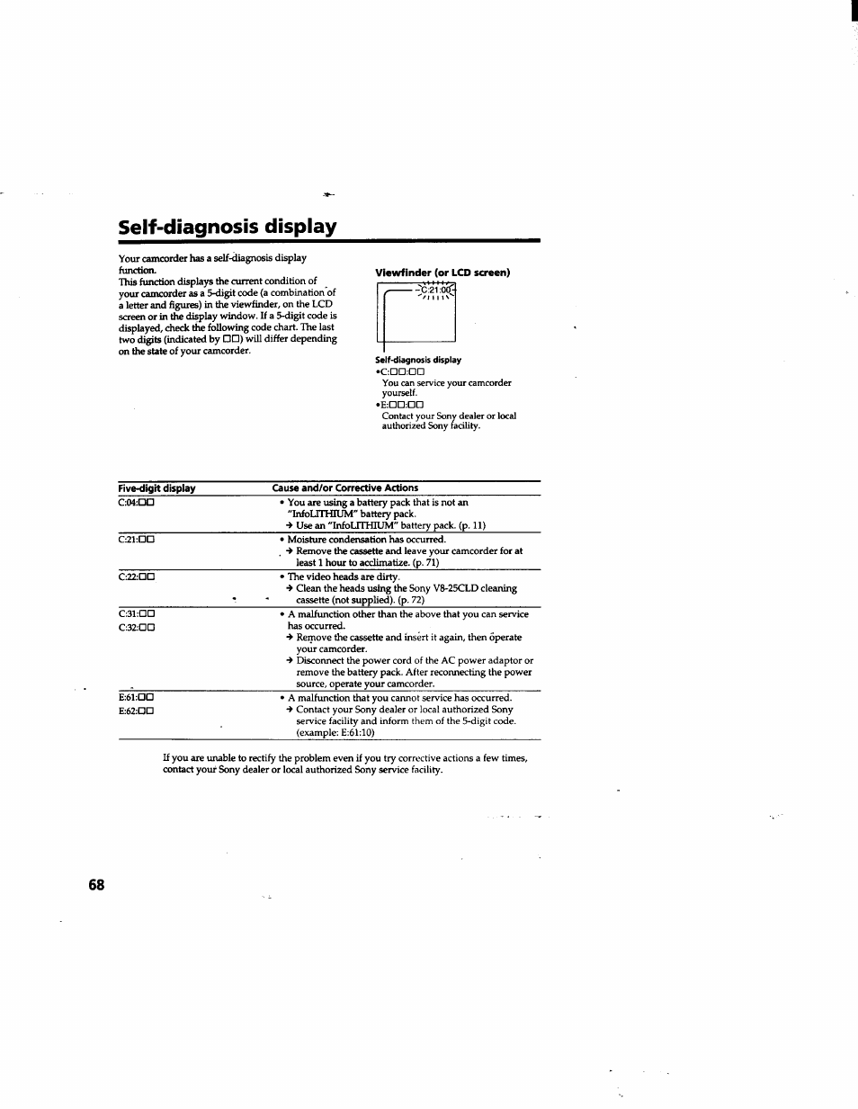 Self-diagnosis display | Sony DCR-TRV315 User Manual | Page 68 / 84
