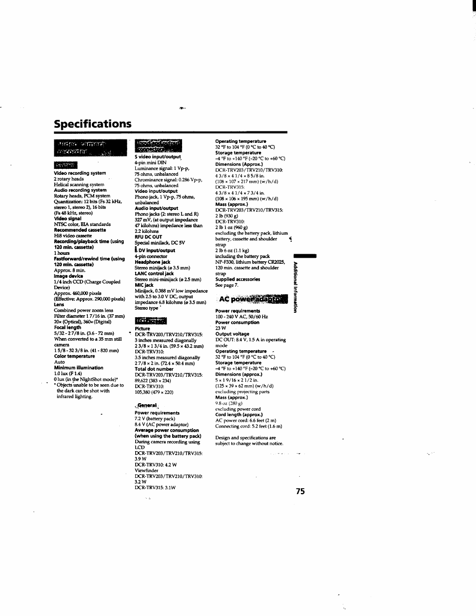Specifications | Sony DCR-TRV315 User Manual | Page 75 / 84