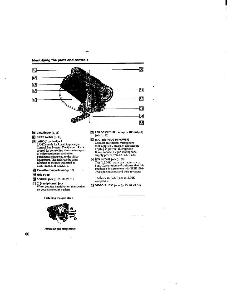 Fastening the grip strap | Sony DCR-TRV315 User Manual | Page 80 / 84