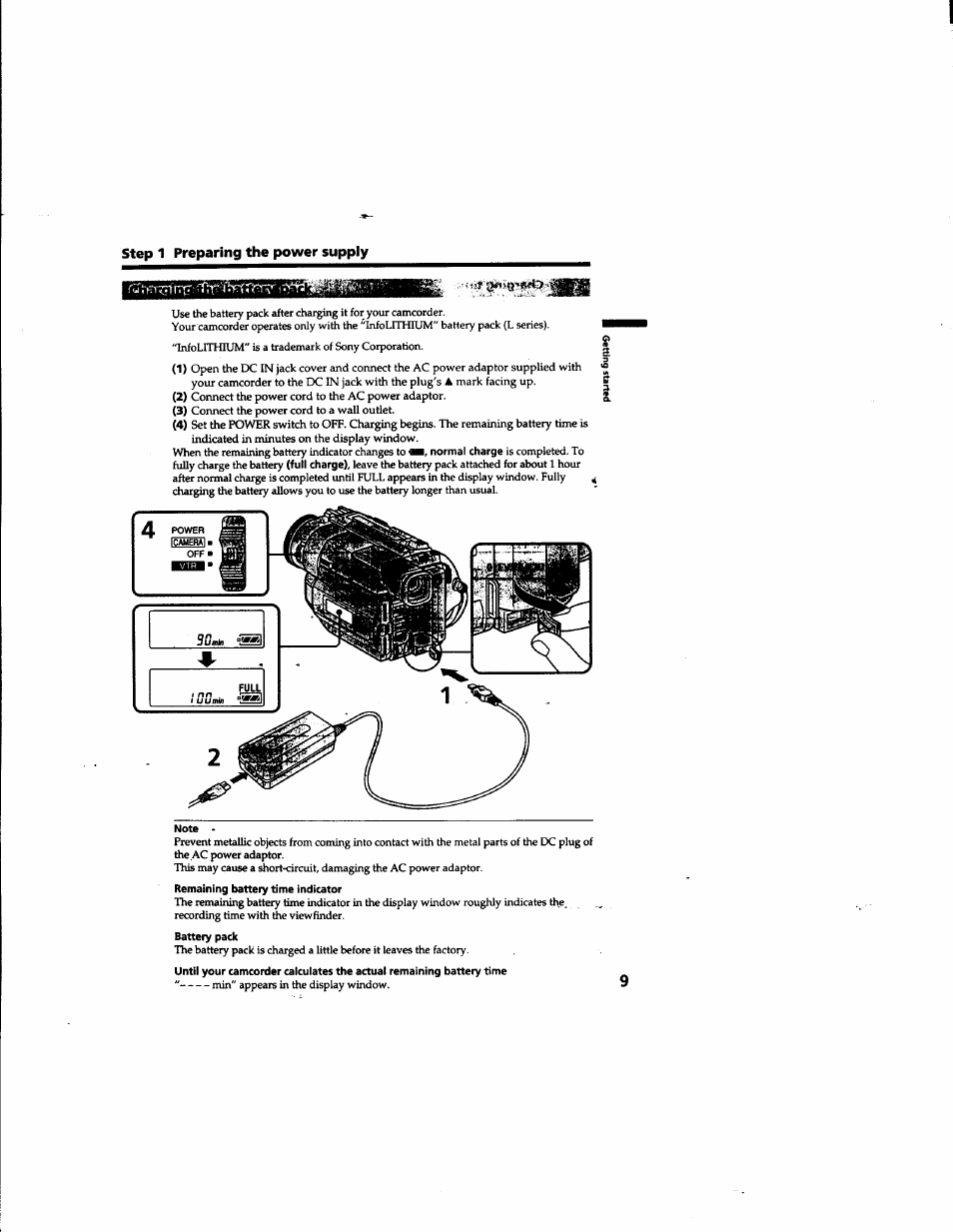 Note, Battery pack | Sony DCR-TRV315 User Manual | Page 9 / 84