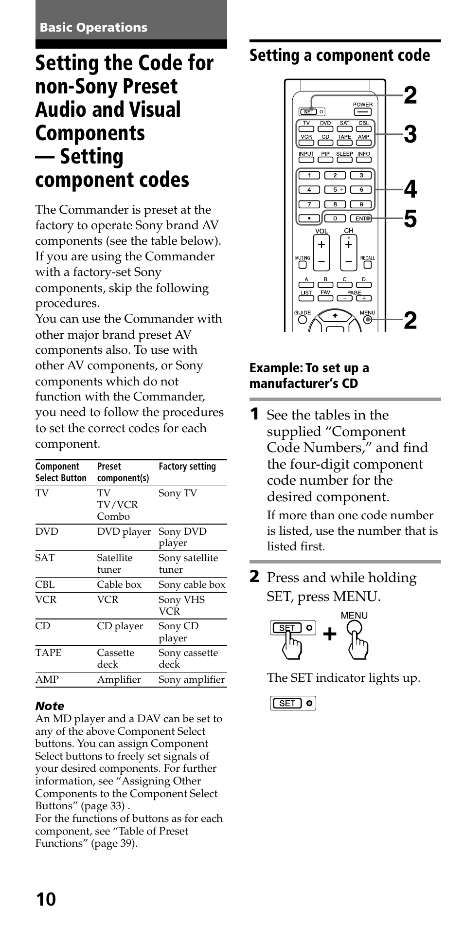Basic operations, Setting a component code, Set, press menu | Press and while holding | Sony KLV-40ZX1M User Manual | Page 10 / 52