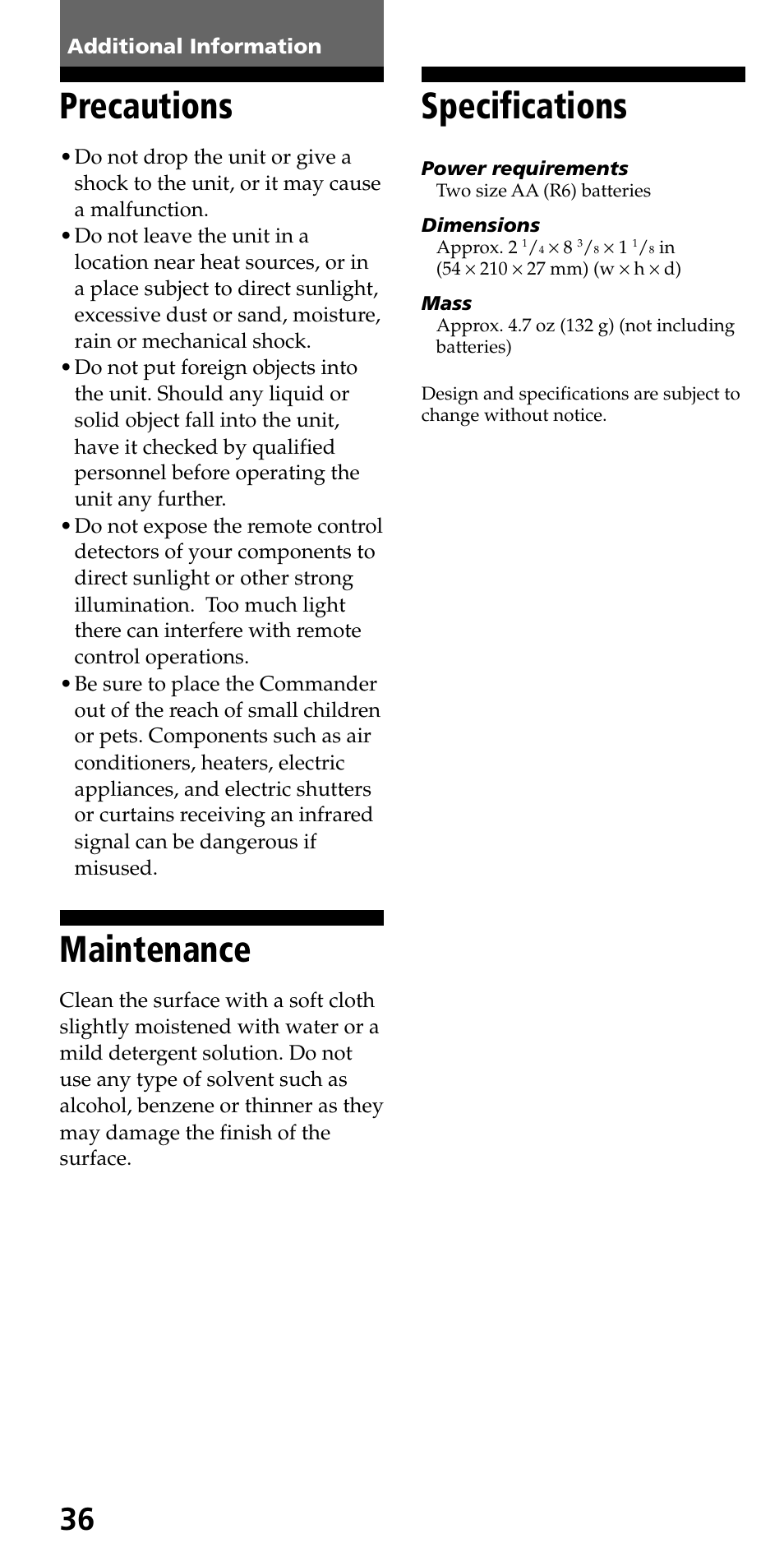 Additional information, Precautions, Maintenance | Specifications | Sony KLV-40ZX1M User Manual | Page 36 / 52