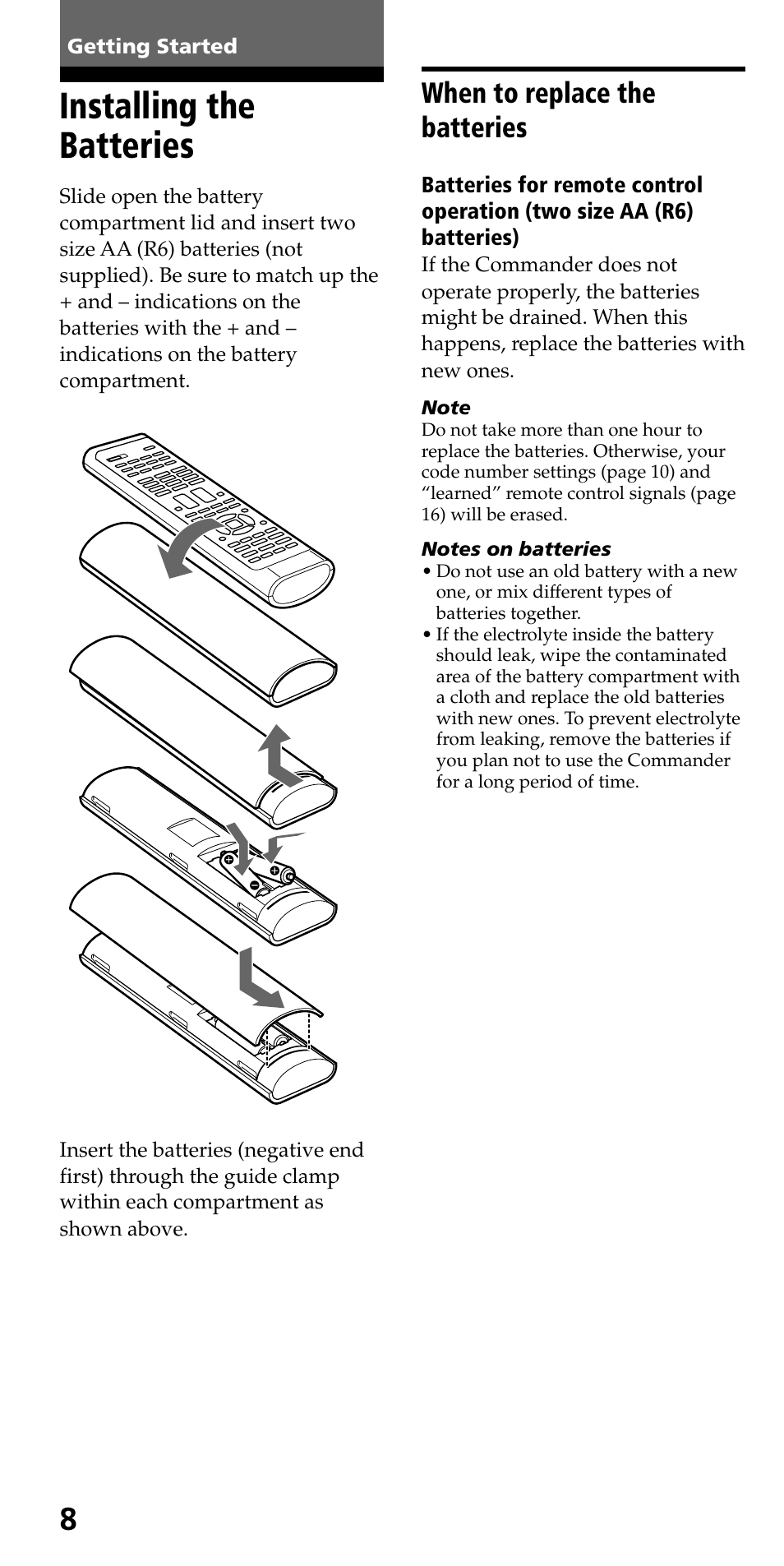 Getting started, Installing the batteries, When to replace the batteries | Sony KLV-40ZX1M User Manual | Page 8 / 52