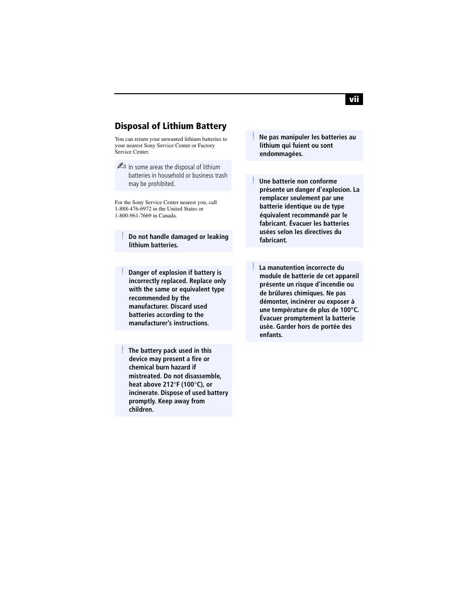 Disposal of lithium battery | Sony PCV-RX640 User Manual | Page 7 / 92