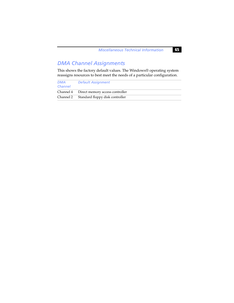 Dma channel assignments | Sony PCV-RX640 User Manual | Page 77 / 92