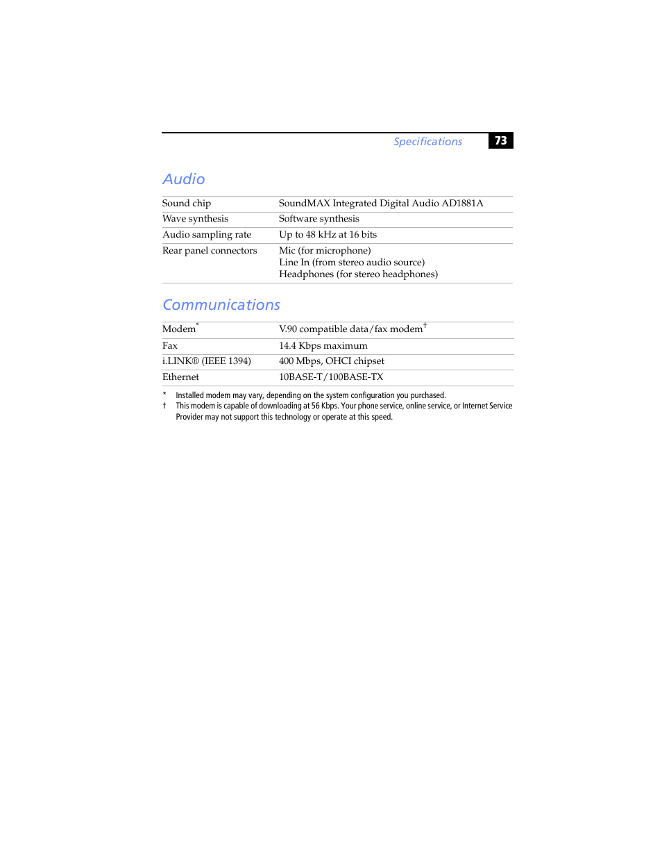 Audio, Communications, Audio communications | Sony PCV-RX640 User Manual | Page 85 / 92