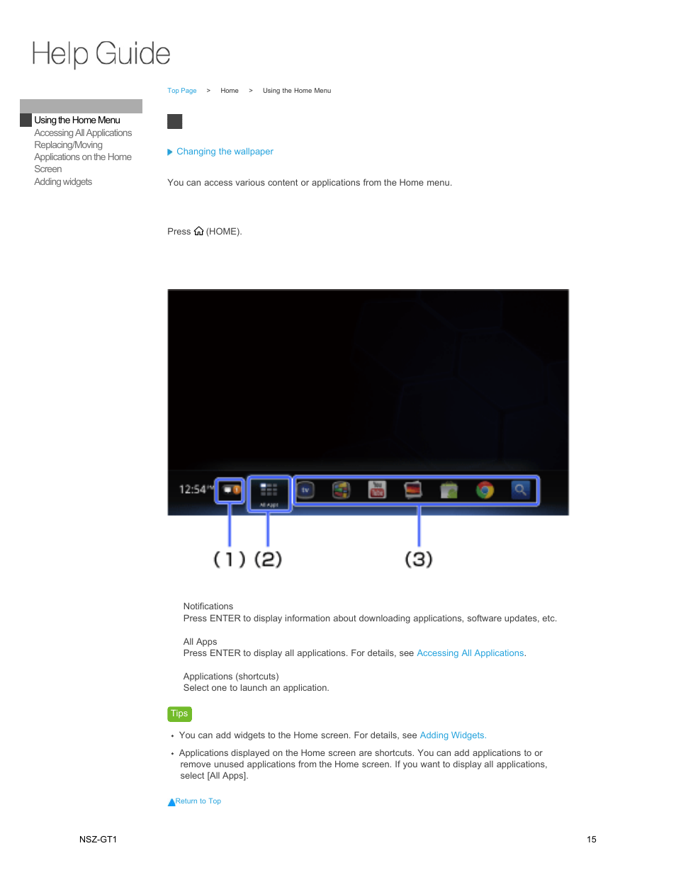 Home, Using the home menu | Sony NSZ-GT1 User Manual | Page 15 / 102