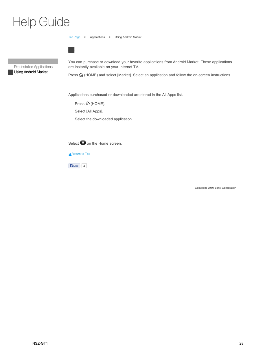 Using android market | Sony NSZ-GT1 User Manual | Page 28 / 102