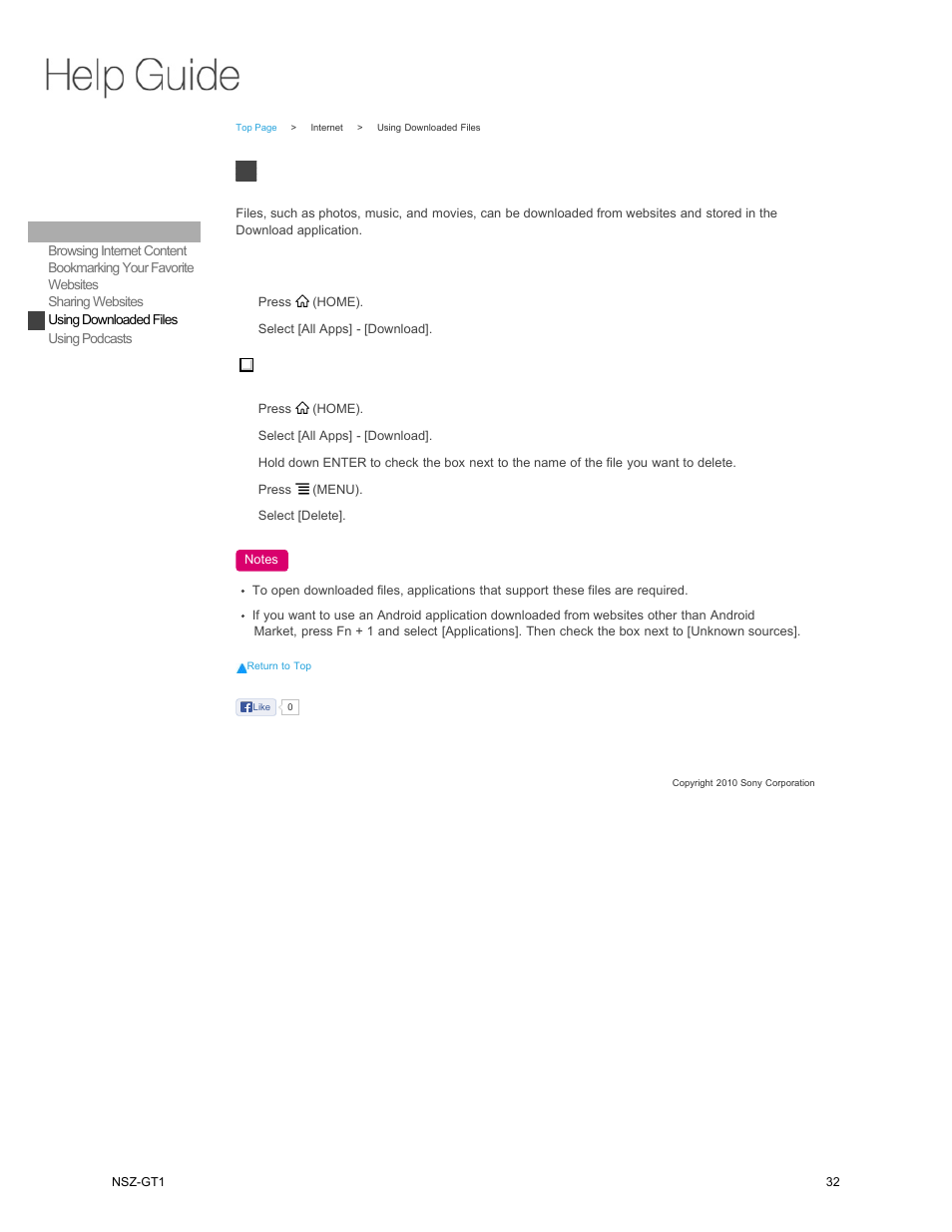 Using download files, Using downloaded files | Sony NSZ-GT1 User Manual | Page 32 / 102