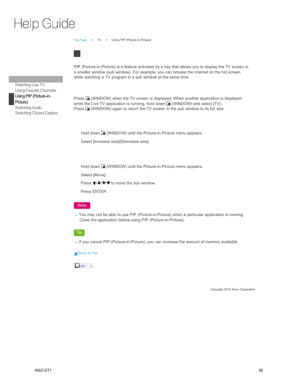 Using pip (picture-in, Picture), Using pip (picture-in-picture) | Sony NSZ-GT1 User Manual | Page 36 / 102