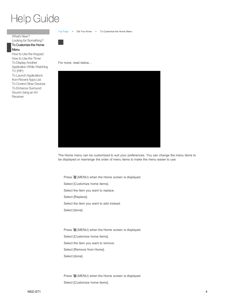 To customize the home, Menu | Sony NSZ-GT1 User Manual | Page 4 / 102