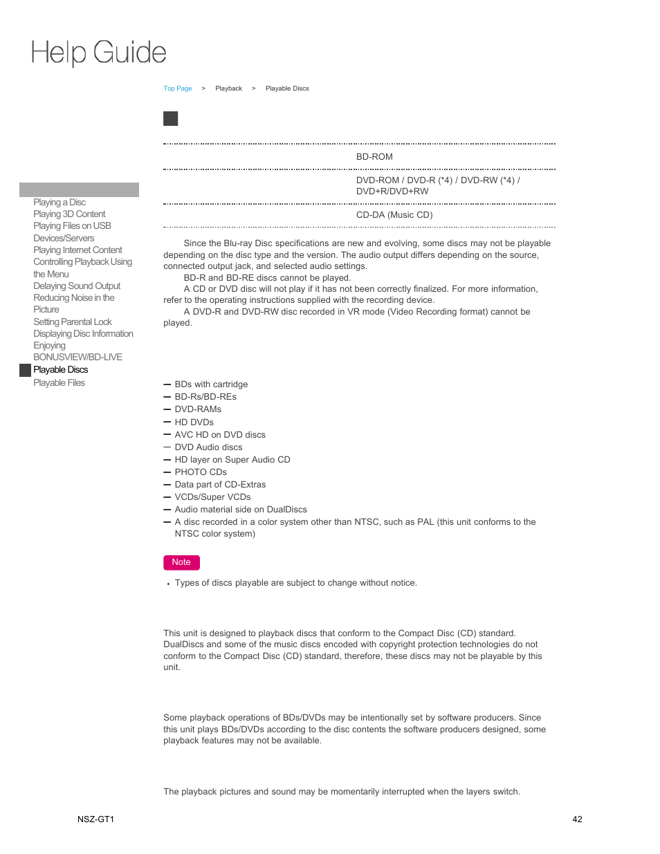 Playable discs | Sony NSZ-GT1 User Manual | Page 42 / 102