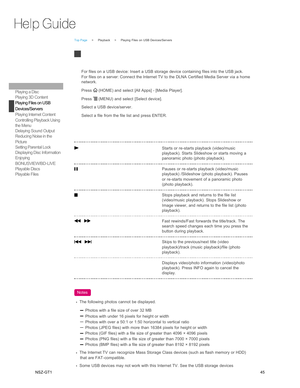 Playing files on usb devices/servers, Playing internet, Content | Playing files on usb, Devices/servers | Sony NSZ-GT1 User Manual | Page 45 / 102