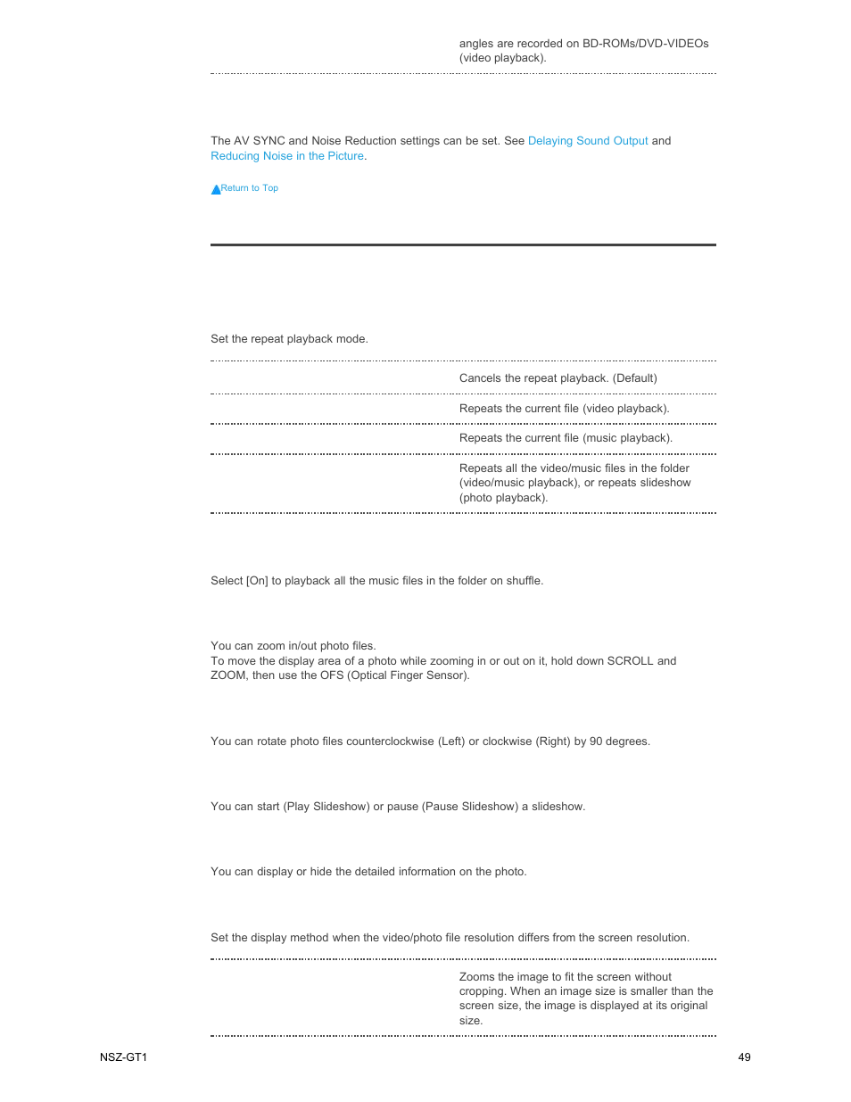 When playing files | Sony NSZ-GT1 User Manual | Page 49 / 102