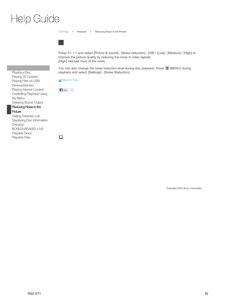 Reducing noise in the, Picture, Reducing noise in the picture | Sony NSZ-GT1 User Manual | Page 52 / 102