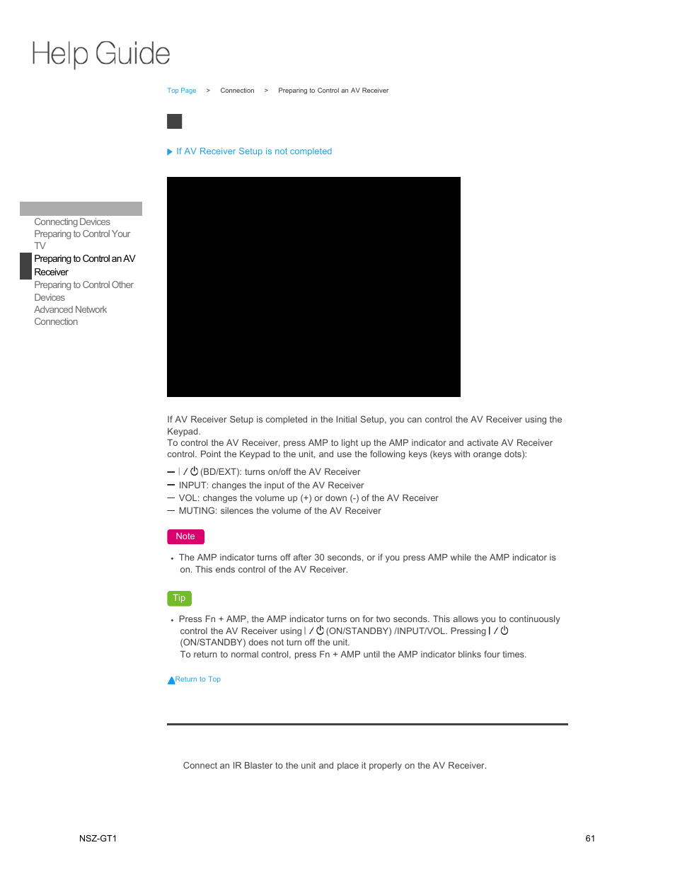 Preparing to control an av receiver, Preparing to control an av, Receiver | If av receiver setup is not completed | Sony NSZ-GT1 User Manual | Page 61 / 102