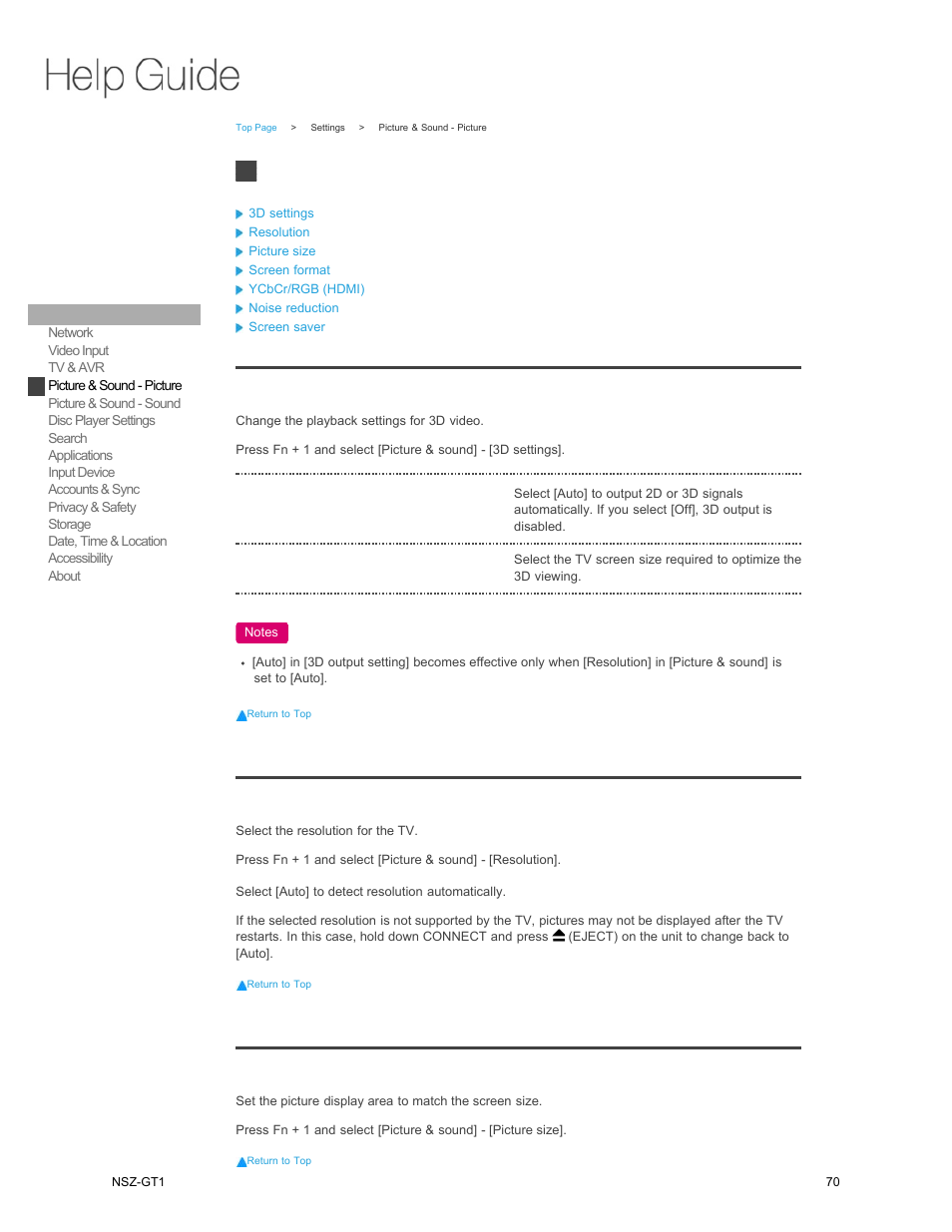 Picture & sound - picture, 3d settings, Resolution | Picture size | Sony NSZ-GT1 User Manual | Page 70 / 102