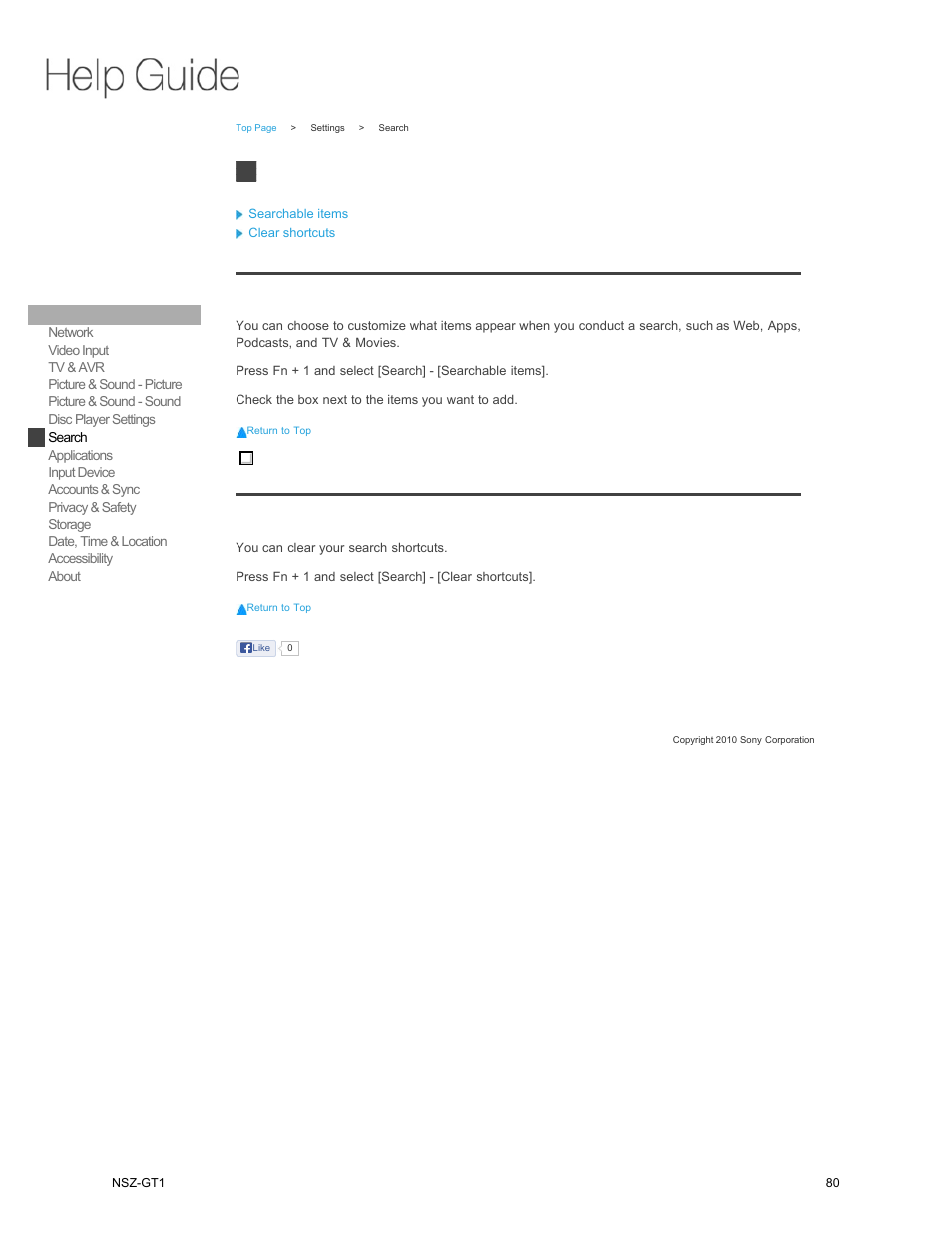 Searchable items, Search, Clear shortcuts | Sony NSZ-GT1 User Manual | Page 80 / 102