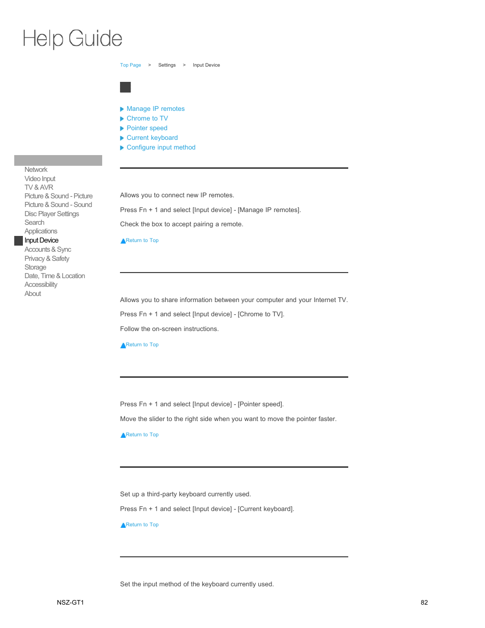 Input device, Manage ip remotes, Chrome to tv | Pointer speed, Current keyboard, Configure input method | Sony NSZ-GT1 User Manual | Page 82 / 102