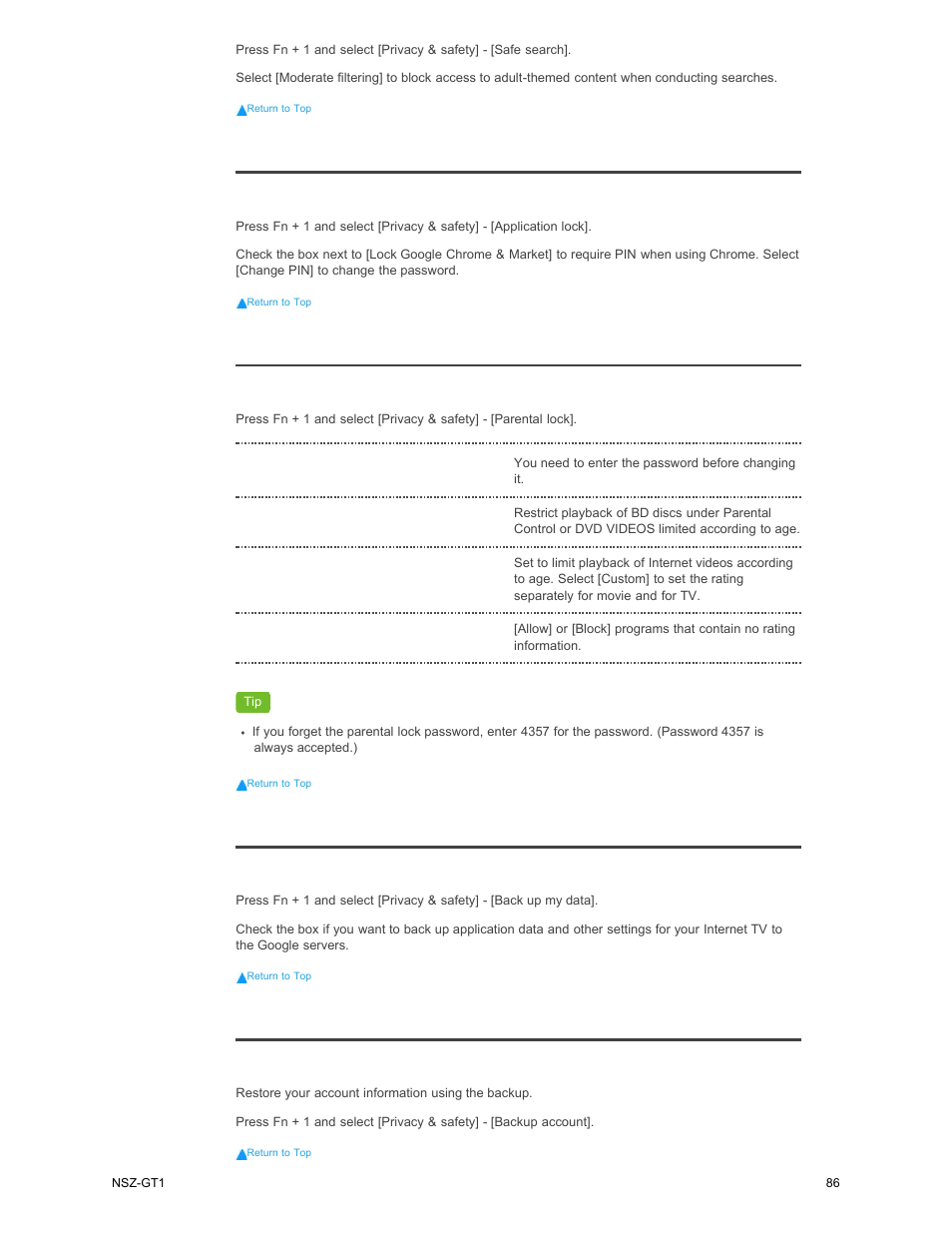 Parental lock, Application lock, Back up my data | Backup account | Sony NSZ-GT1 User Manual | Page 86 / 102