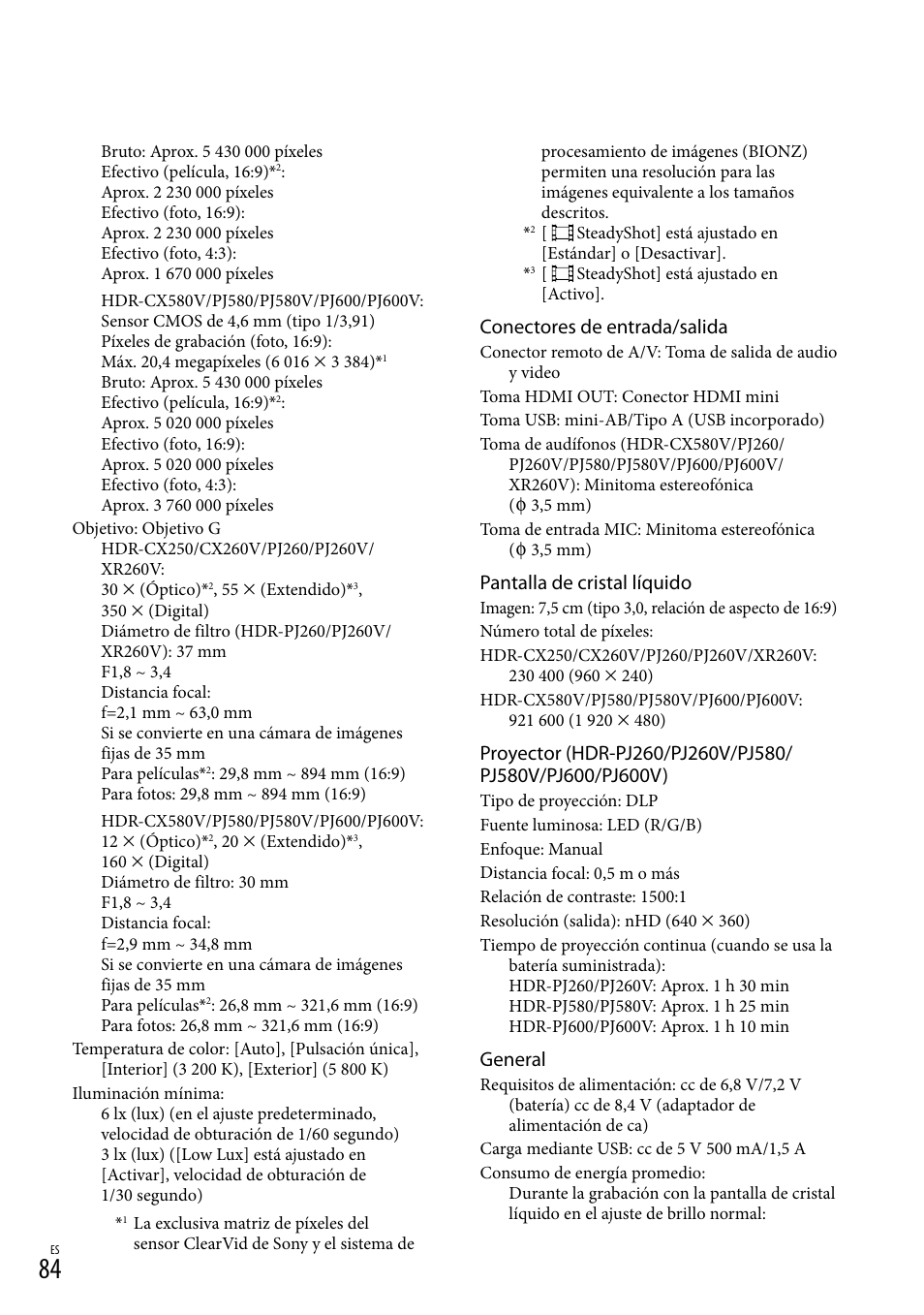 Conectores de entrada/salida, Pantalla de cristal líquido, General | Sony HDR-XR260V User Manual | Page 178 / 191