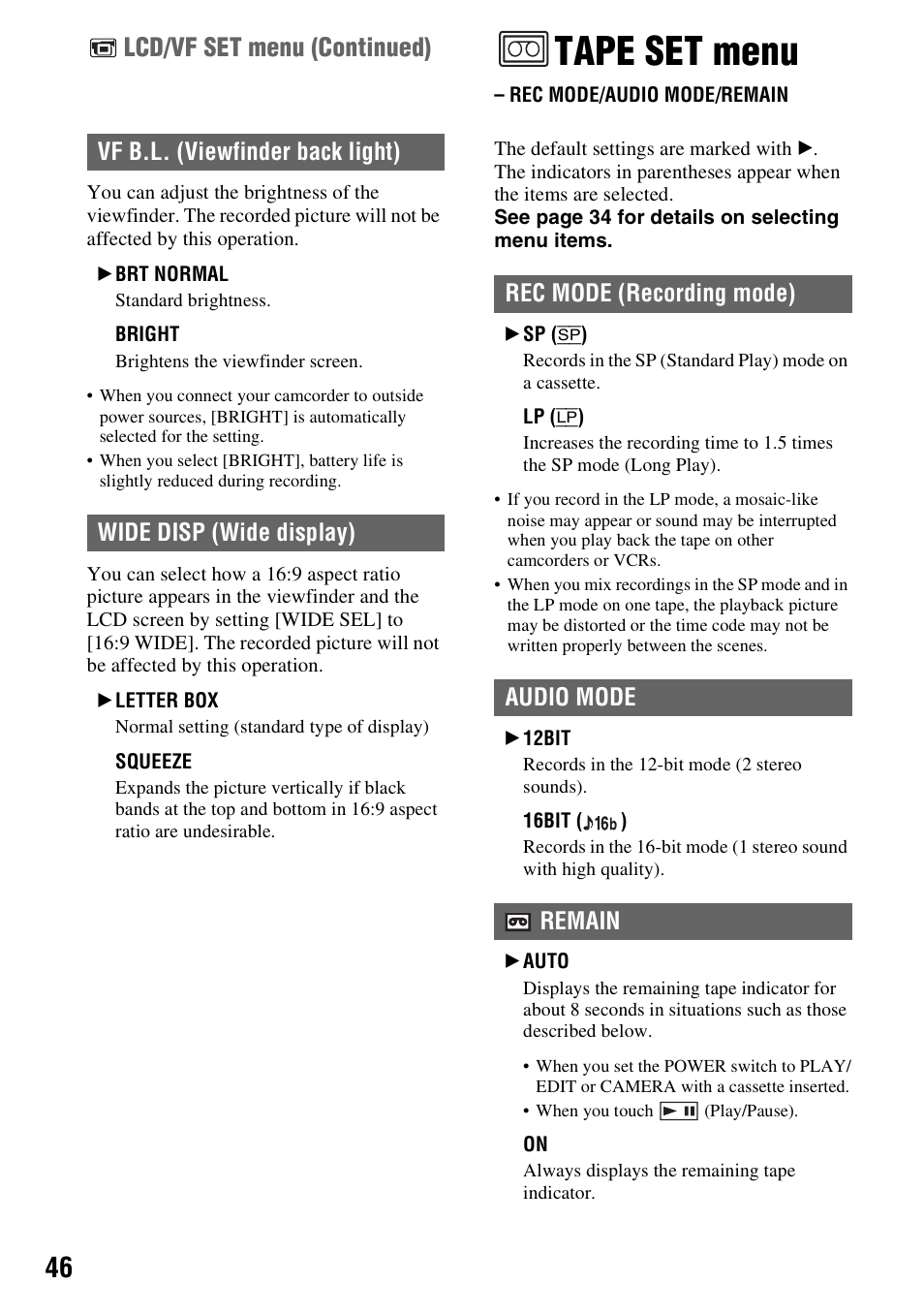 Tape set menu, Rec mode/audio mode/remain, P. 46) | Lcd/vf set menu (continued), Rec mode (recording mode) audio mode remain | Sony DCR-HC28 User Manual | Page 46 / 92