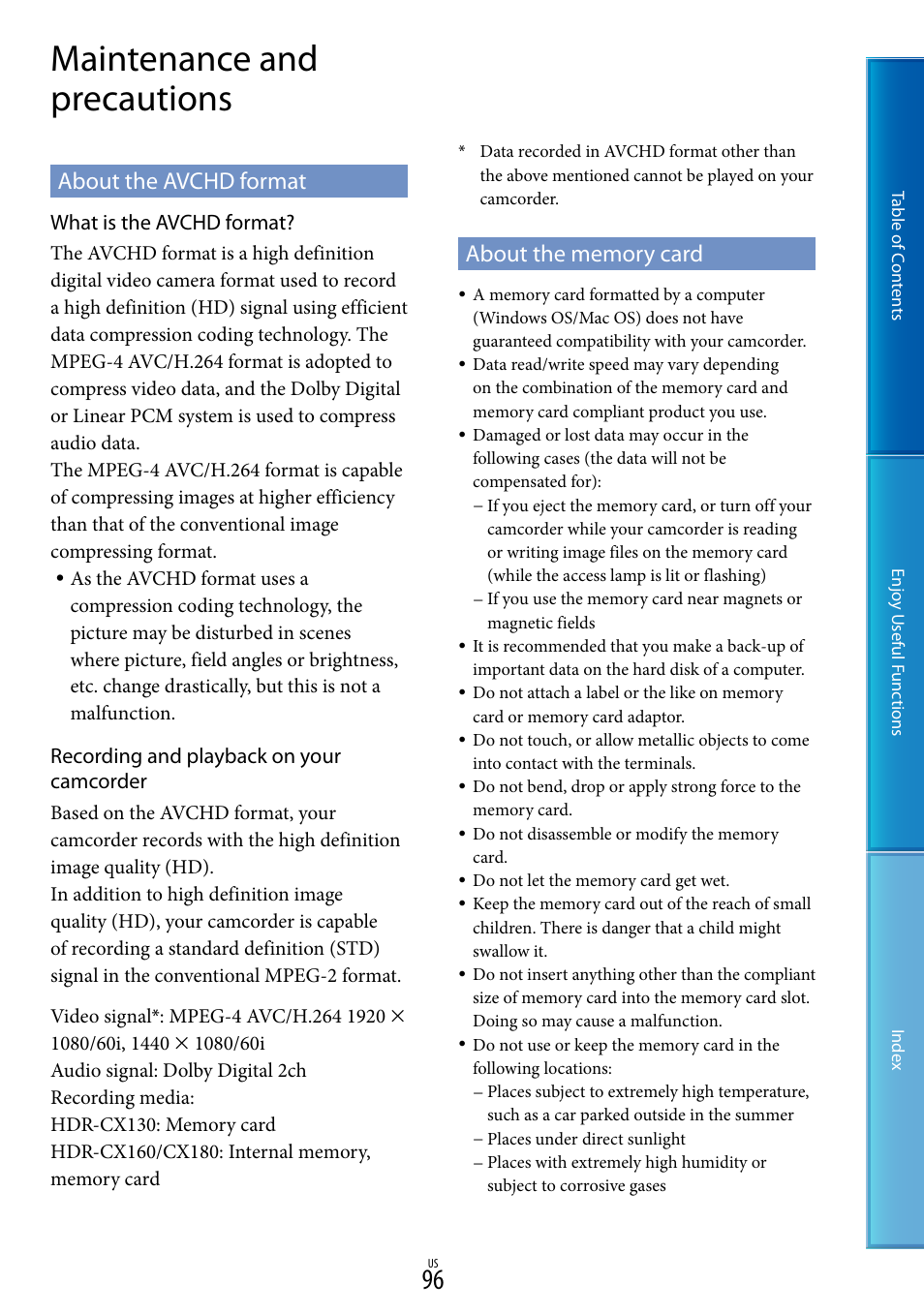 Maintenance and precautions, About the avchd format, About the memory card | About the avchd format about the memory card | Sony HDR-CX130 User Manual | Page 96 / 108