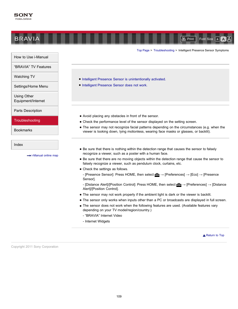 Intelligent presence sensor symptoms | Sony KDL-46HX820 User Manual | Page 109 / 189