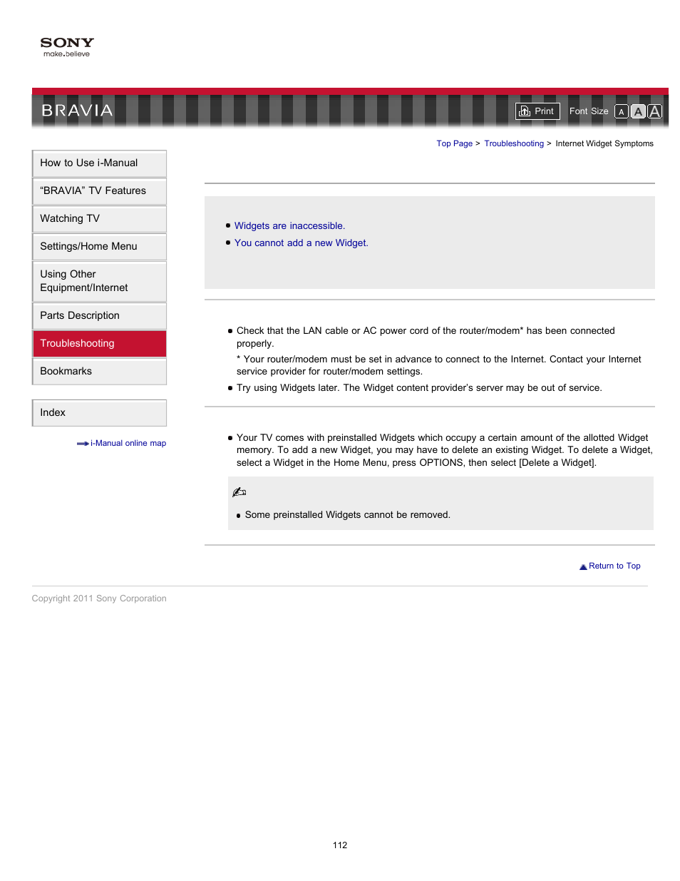 Internet widget symptoms | Sony KDL-46HX820 User Manual | Page 112 / 189