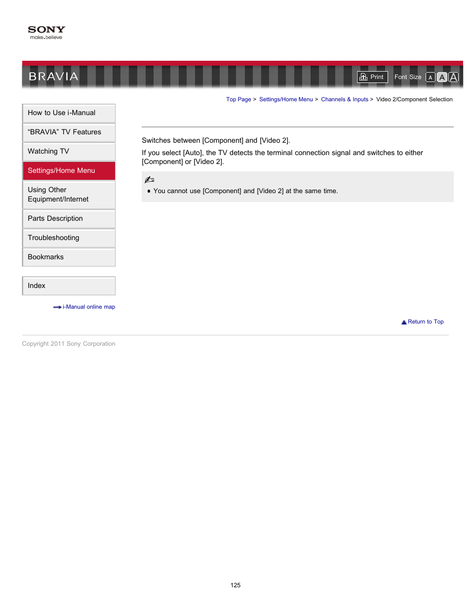 External input selection, Video 2/component selection | Sony KDL-46HX820 User Manual | Page 125 / 189