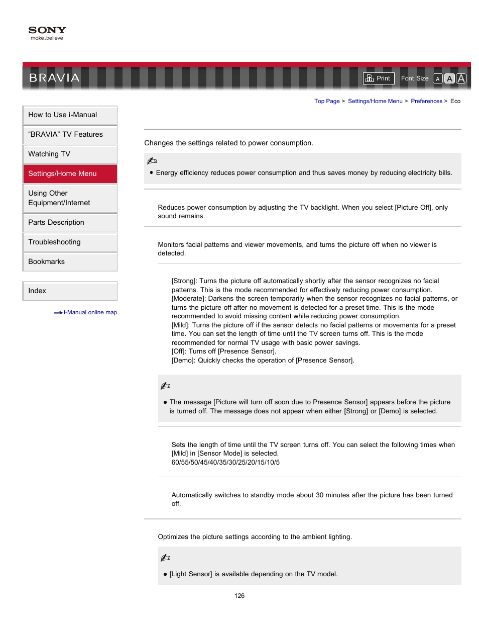 Light sensor, Auto shut-off eco settings, Idle tv standby power saving | Sony KDL-46HX820 User Manual | Page 126 / 189