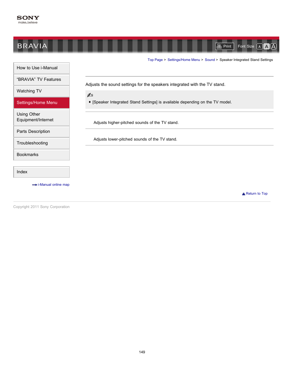 Speaker integrated stand settings | Sony KDL-46HX820 User Manual | Page 149 / 189
