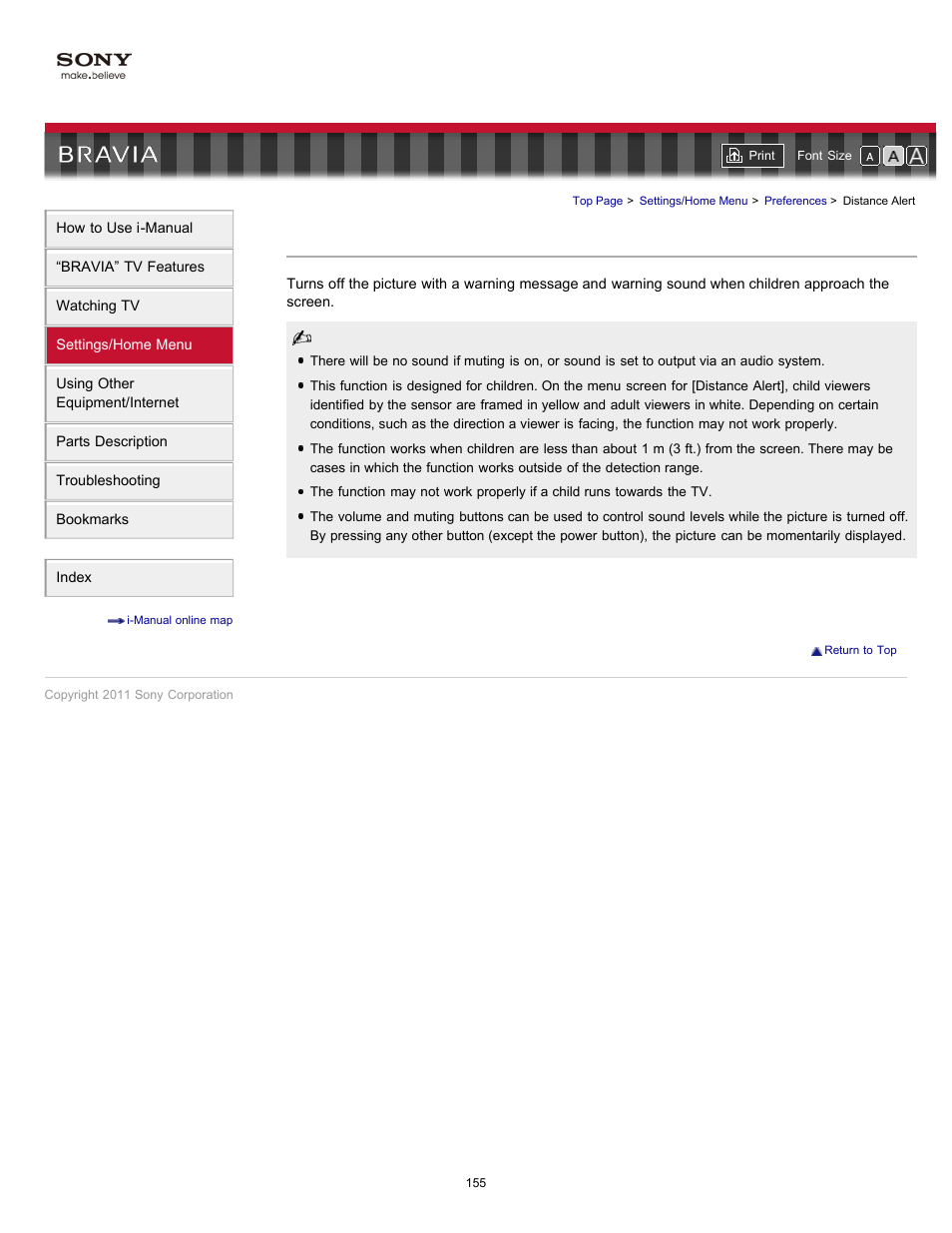 Distance alert | Sony KDL-46HX820 User Manual | Page 155 / 189