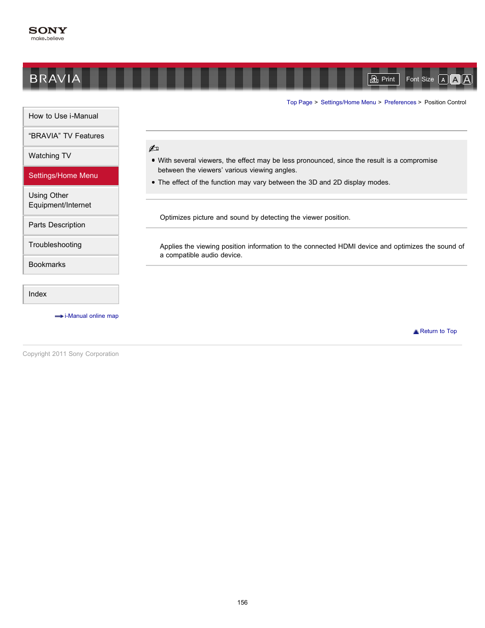 Position control | Sony KDL-46HX820 User Manual | Page 156 / 189