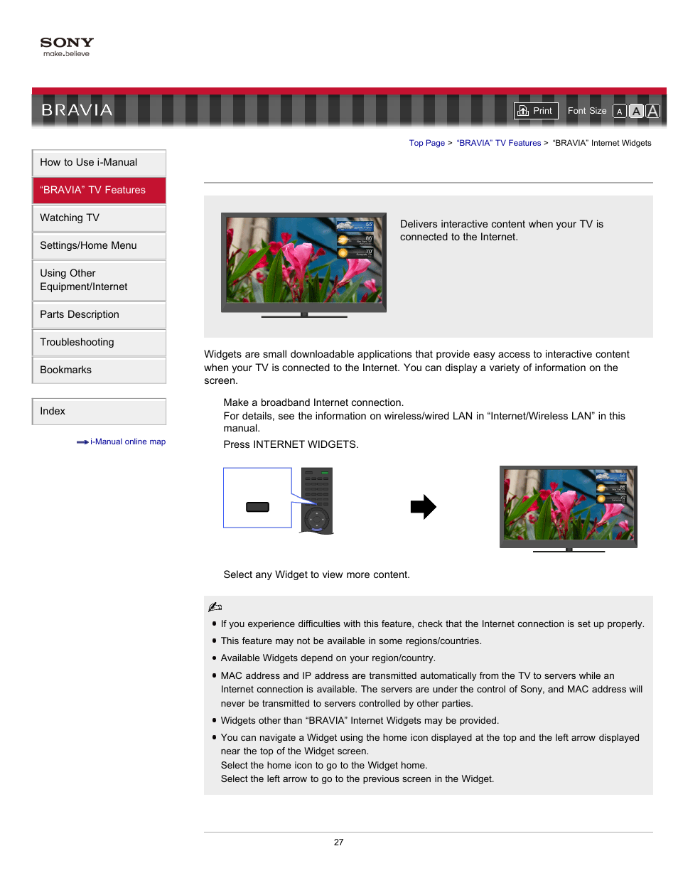 Bravia” internet widgets, Widgets | Sony KDL-46HX820 User Manual | Page 27 / 189