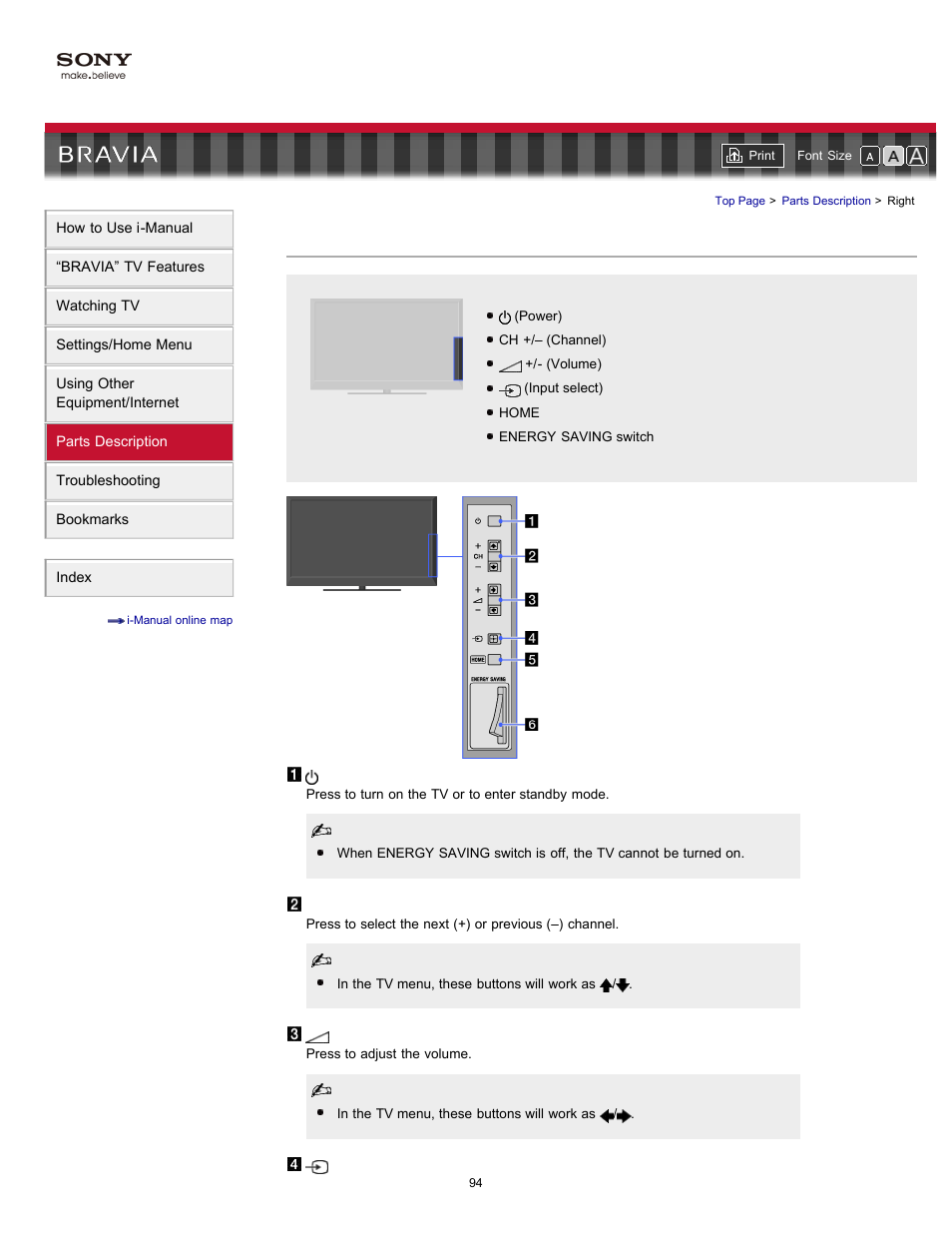 Right, Energy saving switch | Sony KDL-46HX820 User Manual | Page 94 / 189
