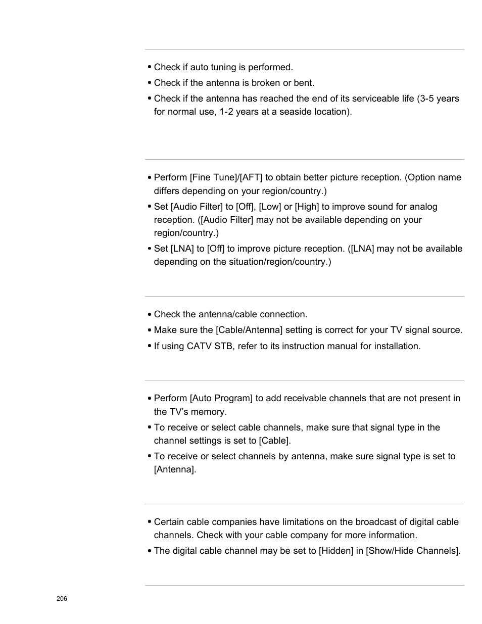 You cannot receive any channels, You cannot receive or select channels, Some digital cable channels are not displayed | Broadcast hd formats have poor quality | Sony KDL-55W950B User Manual | Page 212 / 245
