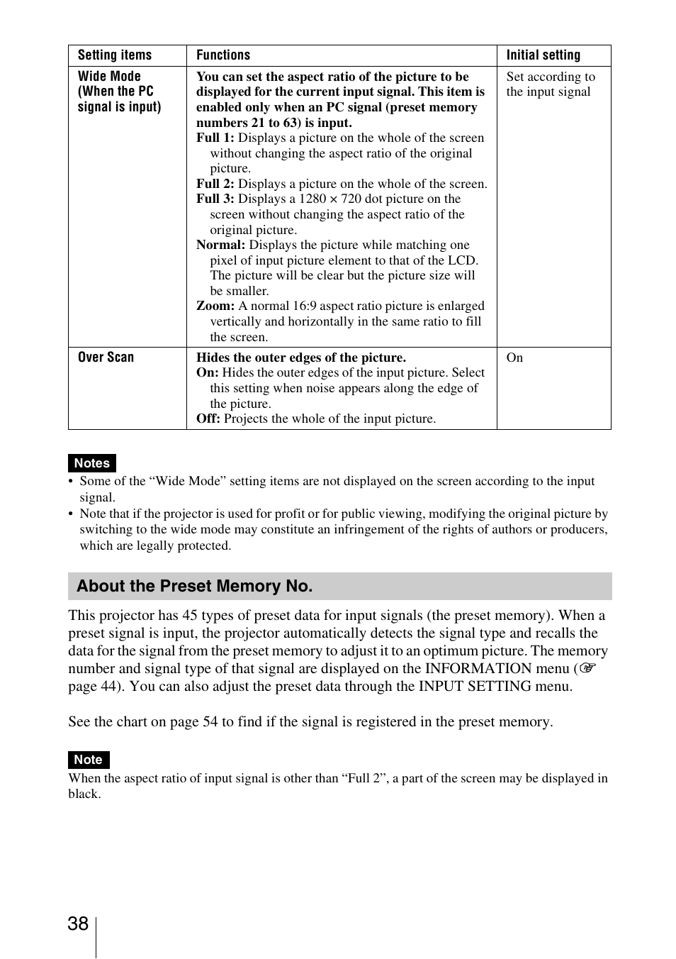About the preset memory no | Sony VPL-BW7 User Manual | Page 38 / 64